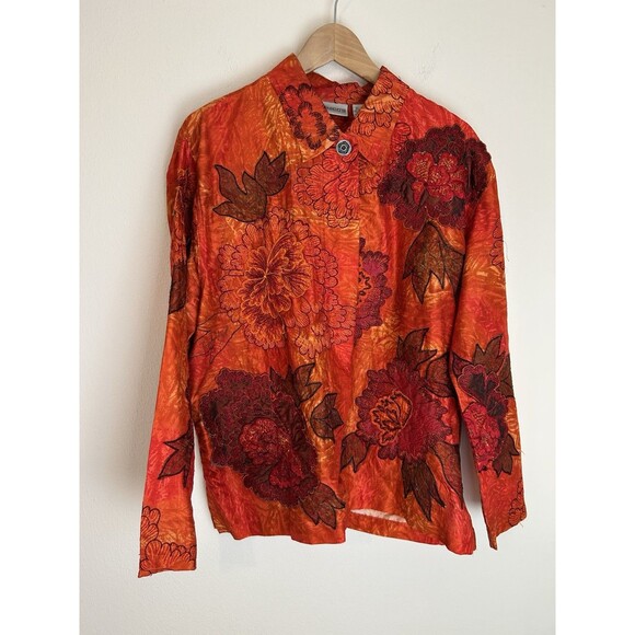 Chicos XL 100% Silk Floral Jacket Oriental Embroidered Red Asian Boho Hippie - Picture 1 of 4